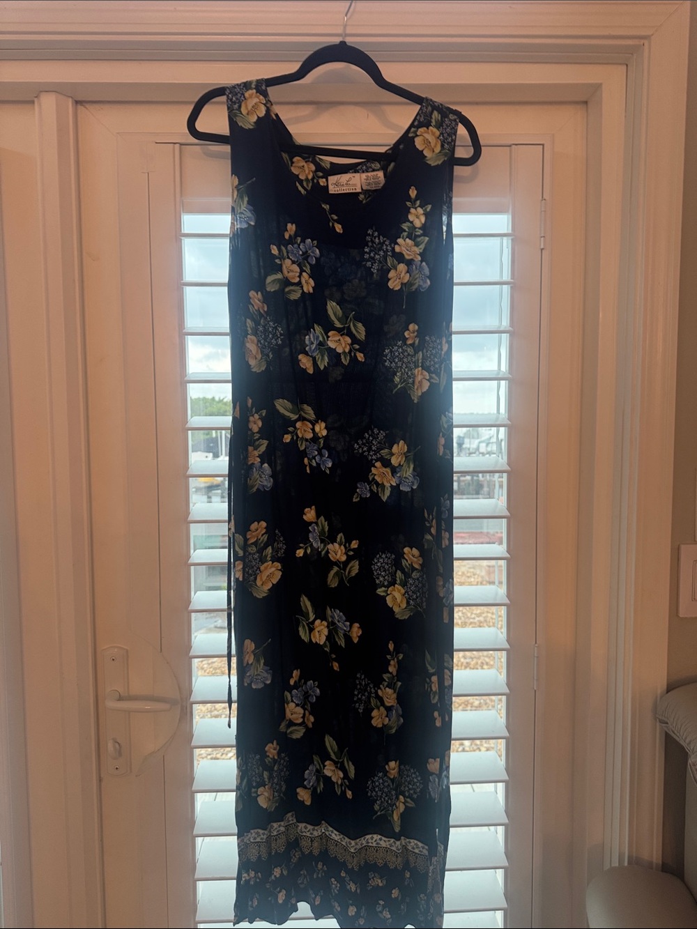 Kathie Lee Collection Black Maxi Dress with Yellow & Blue Floral Print